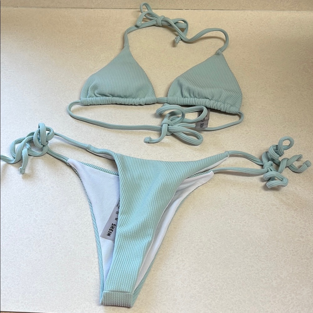 SHEIN Light Blue Ribbed Bikini